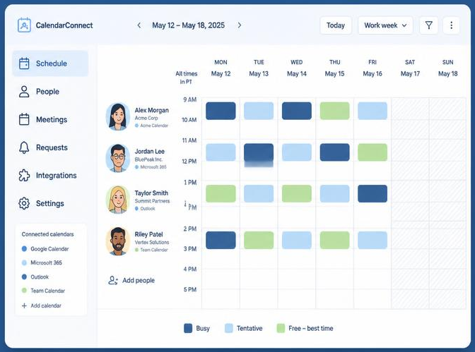 CalendarConnect week view showing free/busy availability for people across four companies